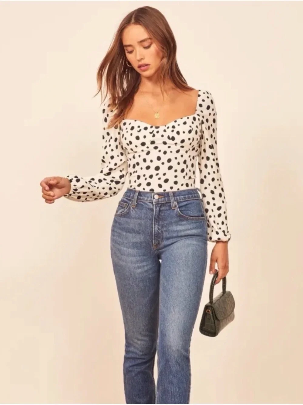 Reformation Reign Cream Black Polka Dot Puff Sleeve Smocked Top 12 Dalmation